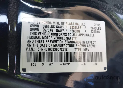 2003 Honda Odyssey Ex-L z USA, uszkodzony, nr VIN 5FNRL18033B072812